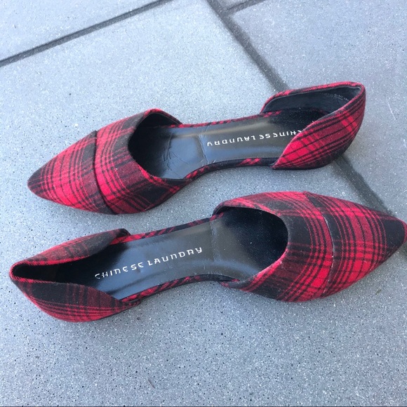 CHINESE LAUNDRY flats red plaid fabric d’Orsay women’s shoes checkered preppy 9 - Picture 3 of 9